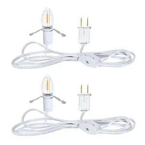 2 Pack 6Ft White Accessory Cord with C7 LED Bulbs, E12 Socket Lamp Cord with On/Off  for Christmas Village House, Holiday Decorations, Pumpkin Lights
