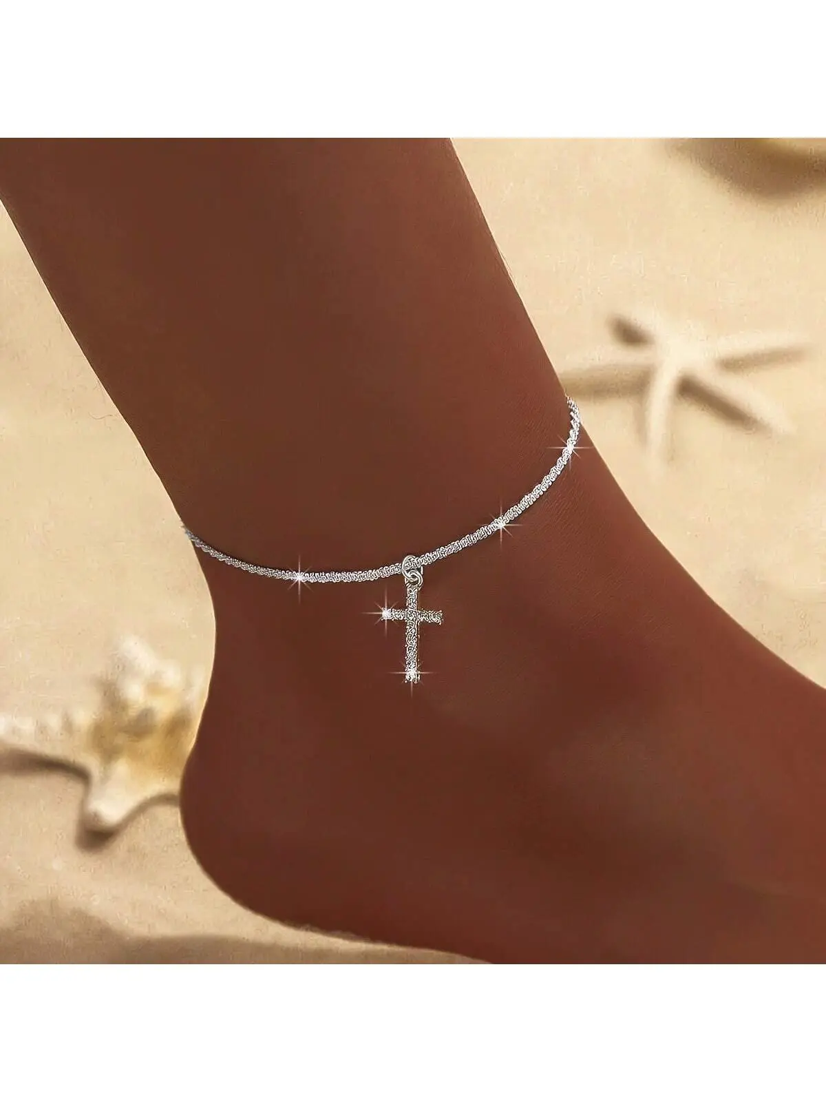 Women's 2-Piece Zircon-Inlaid Cross Motif Sparkling Wave Pendant Anklet - Dainty Layered Casual Anklet, Cubic Zirconia Jewelry, Ideal Gift for Women