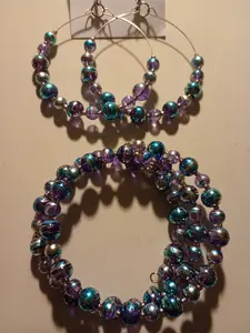 Purple & Blue Beaded Hoop Earrings & Wrap Bracelet Set