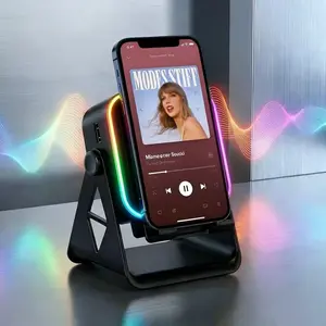 5in1 Phone Holder Speaker, wireless intelligent sensing Bluetooth speaker, 5000mAh/2000mAh rechargeable emergency power bank, 360 ° adjustable mobile tablet desktop holder, gift with colored ambient light, suitable for men and women, Charger