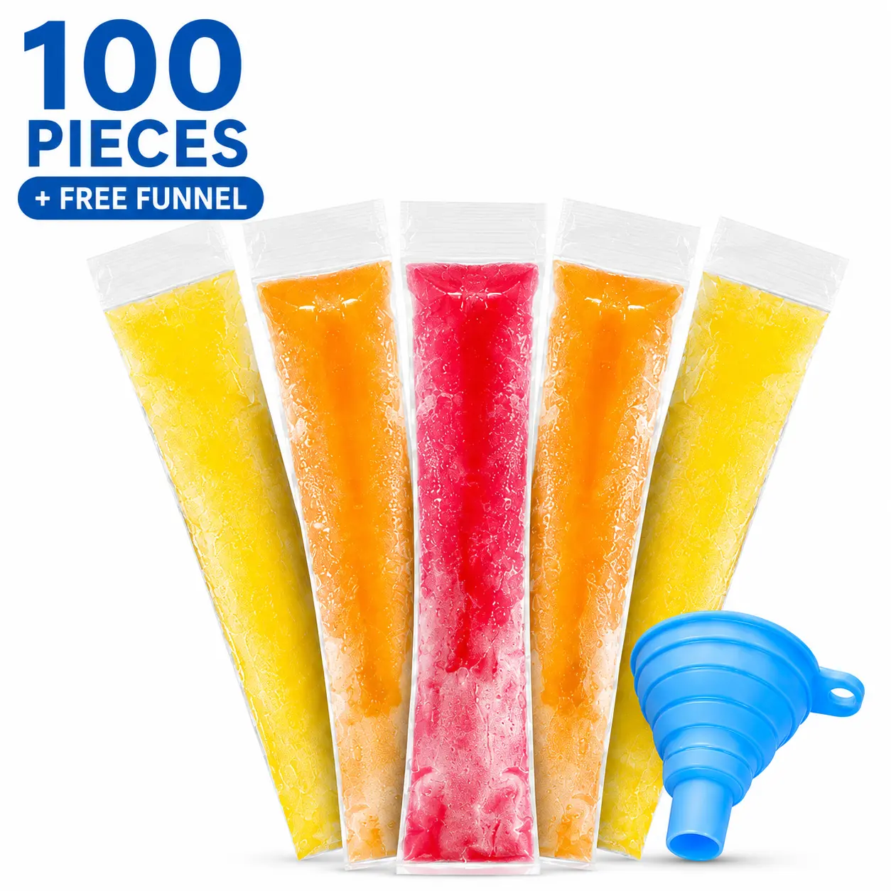 100 PCS Disposable Ice Pop Bags with Free Silicone Funnel, Leakproof Freezer Pop Sleeves for Homemade Popsicles, Juice, Yogurt, Smoothies & Fruit Puree, Easy-Fill Summer Party Treat Bags Bottles