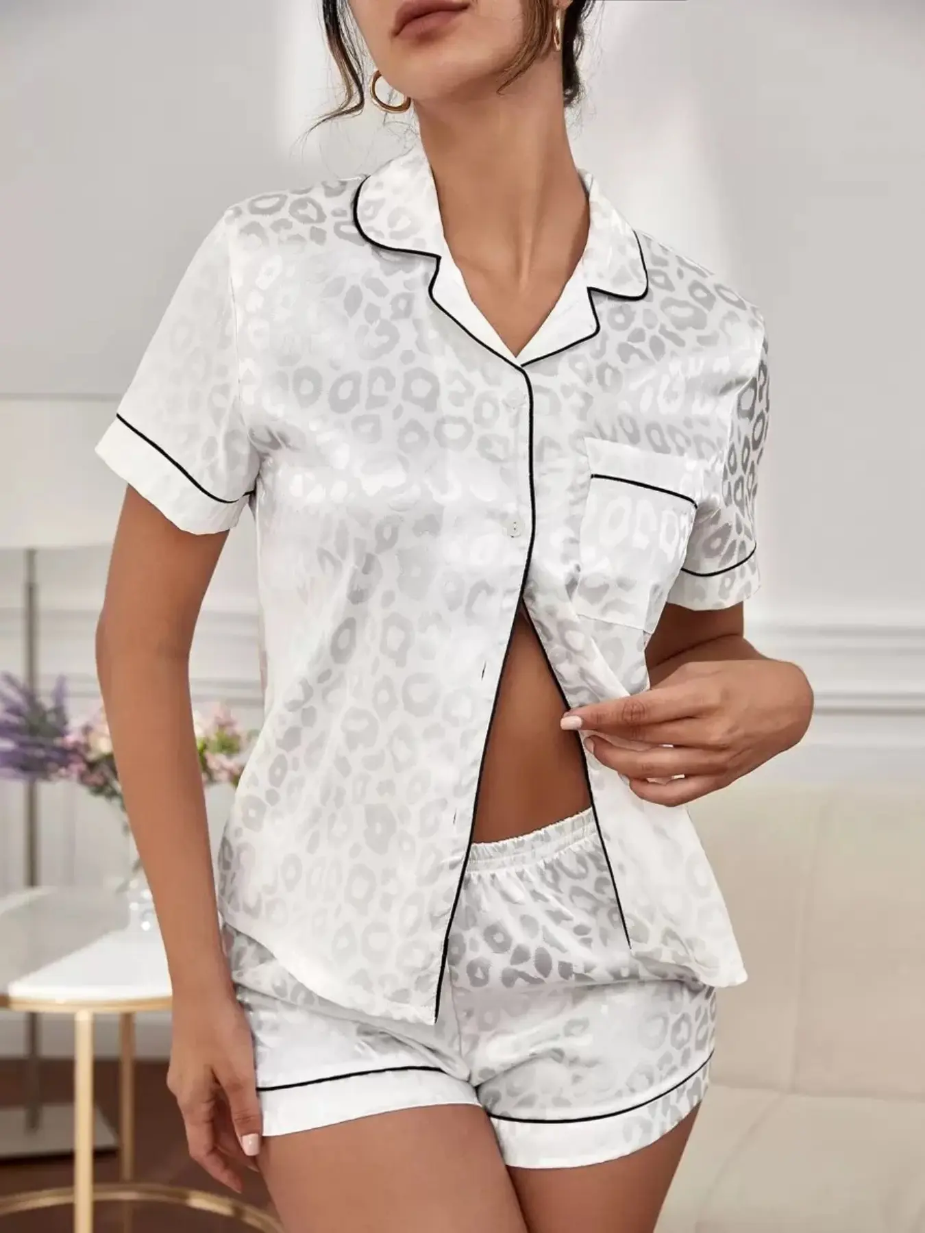 2 Piece Women's Satin Leopard Print Pajama Set, Fashionable Open Collar Nightwear for Summer, Sexy Fitted Feminine Loungewear, Lightweight Pjs, Womenswear, Pyjamas, Matching Pajama Set