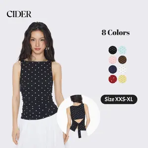 Cider Cotton-blend Boat Neck Knotted Polka Dot Ruched Tank Top