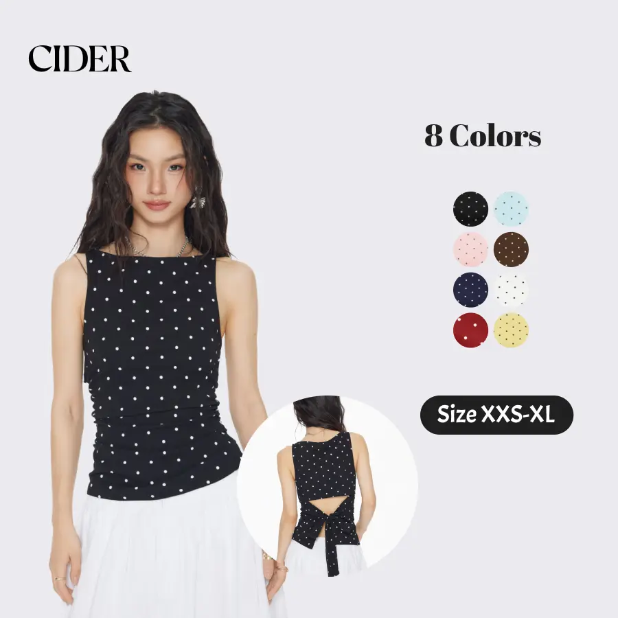 Cider Cotton-blend Boat Neck Knotted Polka Dot Ruched Tank Top