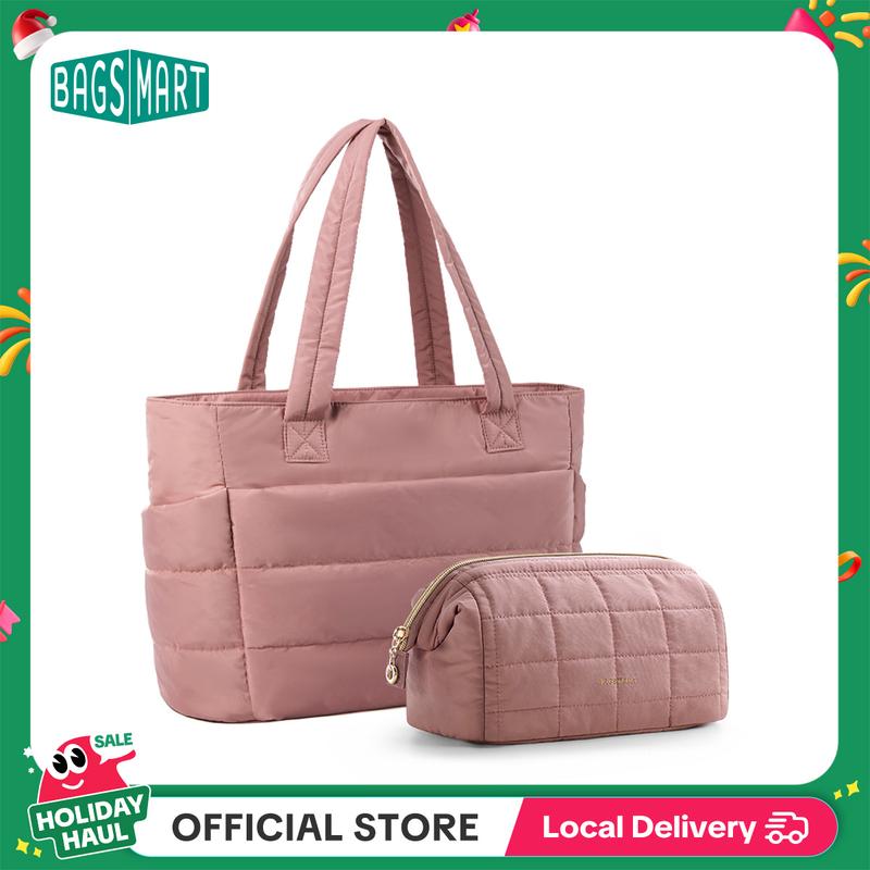 BAGSMART Lightweight Puffy Tote Bag with Compartments for Women, Quilted Shoulder Bag Handbag for Travel and Work Handbag for Travel and Work TikTokShopHolidayHaul
