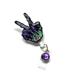Peace Skeleton Hand Badge Reel, 2”, Retractable Swivel Alligator Clip, Nurse, Funny, Office, Teacher