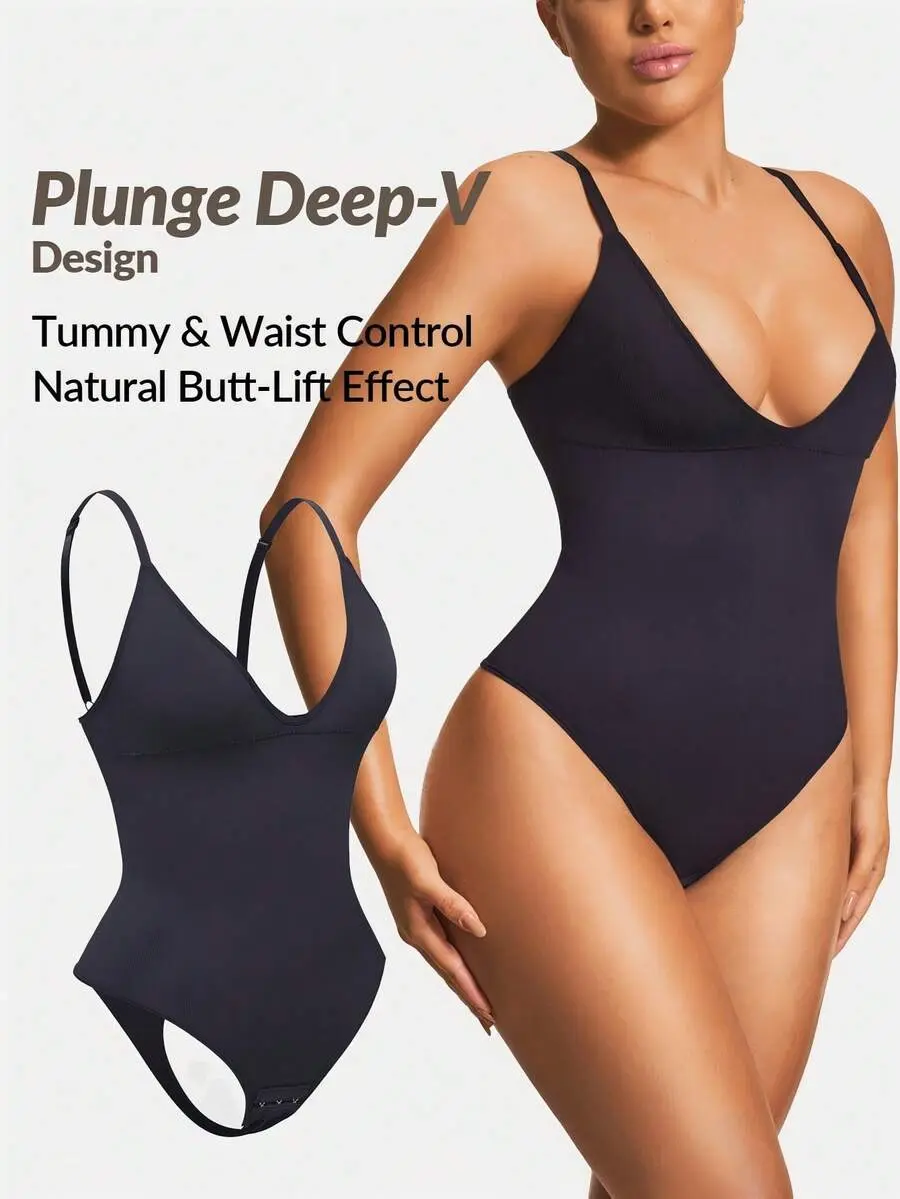 VYNCE Seamless Plunge Deep-V Shapewear Thong Bodysuit Body Shaper Butt Lifter With Adjustable Straps-Tummy Waist Thigh Control