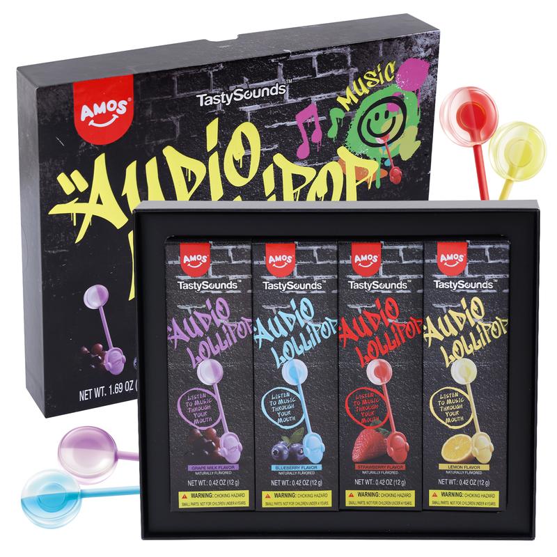 Amos TastySounds Audio Lollipops - Hip Hop Music Lollipop in Grape, Blueberry, Strawberry & Lemon - Sweet Snack Candy
