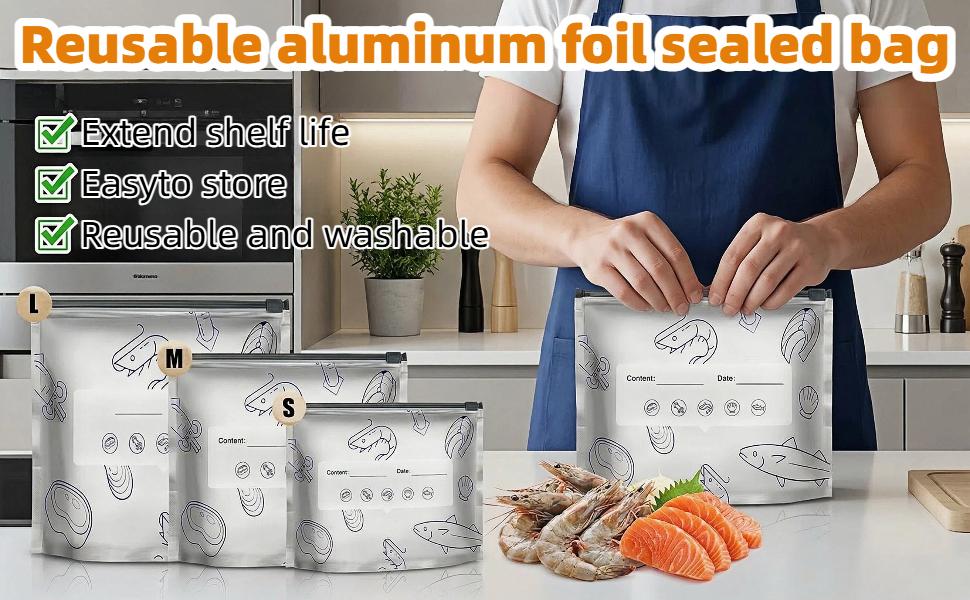 30 PCS Reusable Aluminum Foil Sealable Storage Bags - 2026 New BPA-Free Heavy-Duty Kitchen Utensils Containers, Airtight Resealable Vacuum Ziplock Stand-Up Bags, Label-Ready for Home/Travel Food Storage (S+M+L), Insulation, Varied Sizes