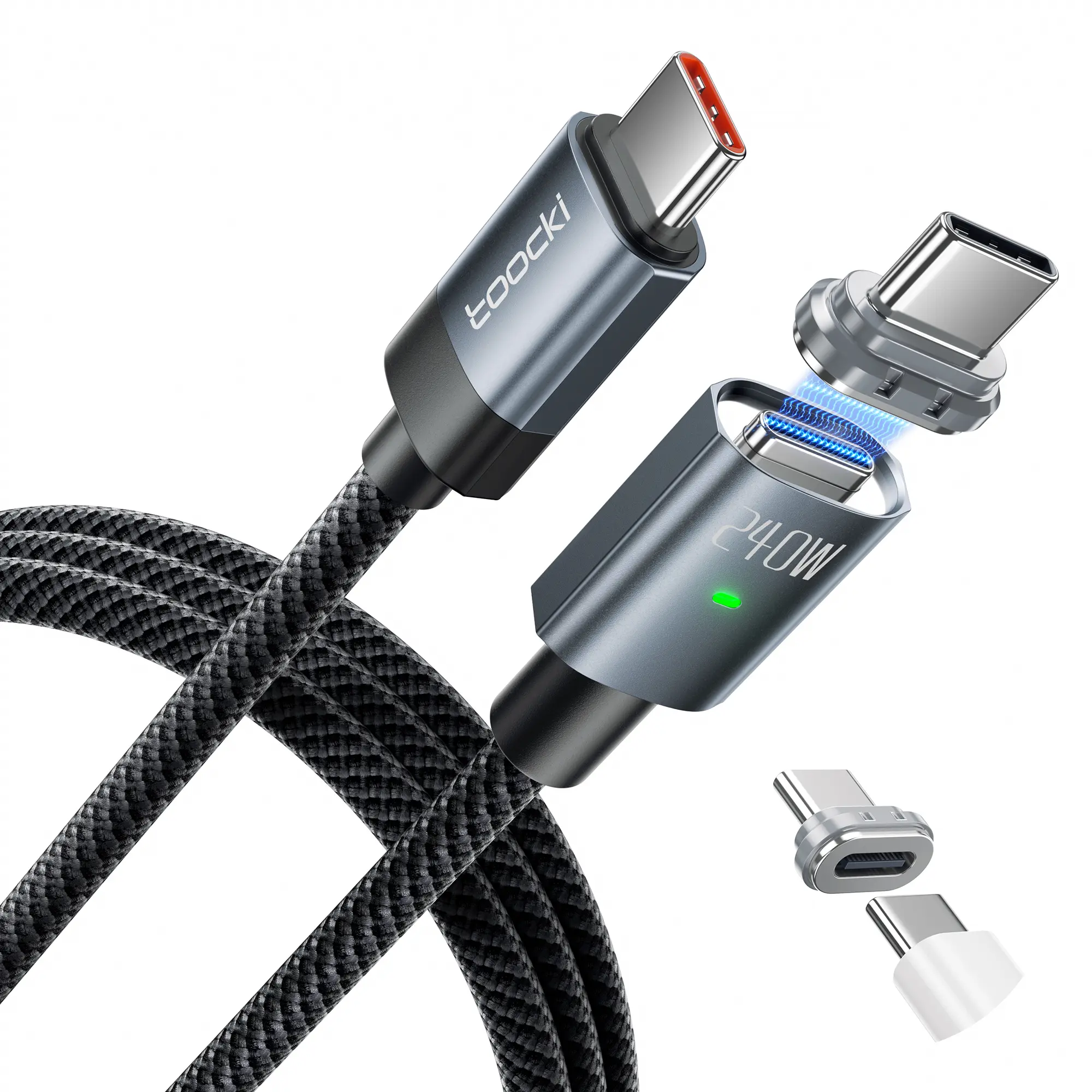 Toocki 240W Magnetic USB-C Cable 6.6FT, 2-in-1 Fast Charging Cord with Detachable Magnetic Tip, 480Mbps Data Transfer, Nylon Braided Charger for iPhone 15/16, MacBook, iPad Pro, Samsung Galaxy