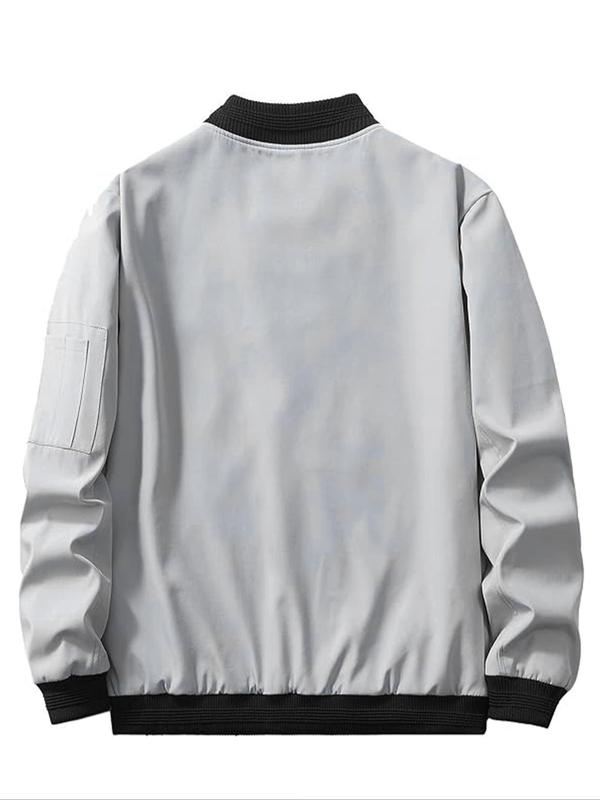 Men's Zip Up Pocket Bomber Jacket, Casual Long Sleeve Stand Collar Windproof Outerwear Coat with Pockets for Spring & Fall, Men's Clothes for Daily Wear