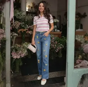 light Embellished Straight Leg Denim Jeans Wash trendy