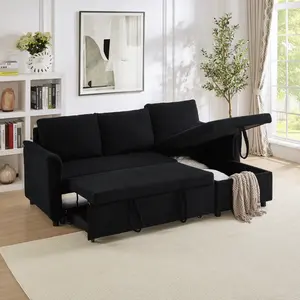 Loveseat Sofa with Chaise Lounge L-Shaped Modular Convertible Sofa with Storage Chaise, 3 in 1 Sofa Corduroy Tufted Upholstered Sleeper Sectional Sofa, Pull Out Sleep Couch Bed and Reclining Backrest-Black