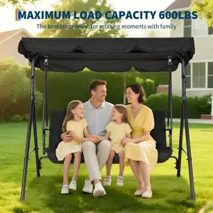 3-Seat Outdoor Patio Swing Chair, Weather Resistant Porch Hanging Swing with Adjustable Canopy & Armrests, Breathable Textilene Fabric Swing Bench for Garden, Poolside, Backyard