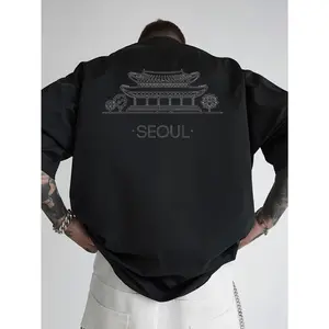 Traditional Asian architecture curved roof print T-shirt, back print, trendy and fashionable, summer, versatile, round neck short-sleeve T-shirt, casual everyday top, men's clothing