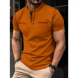 Men's stylish outfit, short-sleeved, button-down placket, small stand-up collar, 100% polyester fabric, suitable for beach vacations and everyday wear.