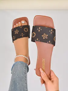 Trendy Floral Print Square Toe Slipper for Women, Summer Outdoor Flat Sandals, Versatile Retro Style Footwear for Everyday Wear