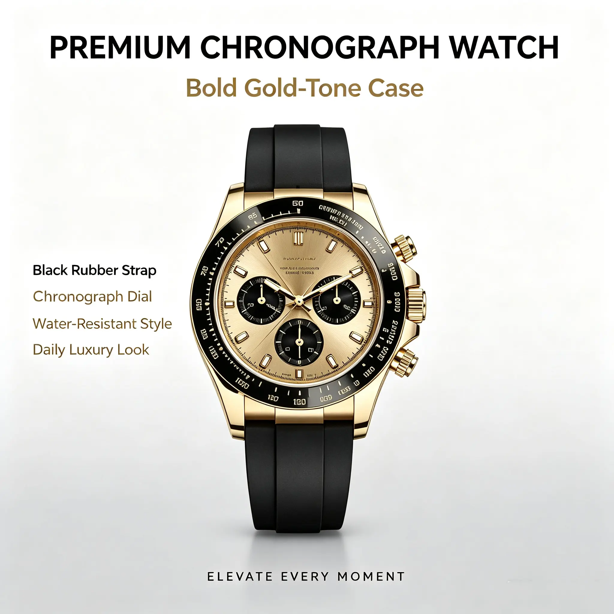 Black & Gold Chronograph Sports Watch | Soft Silicone Band Daily Wear Timepiece