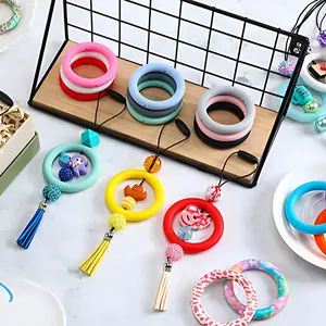 16 Pieces Silicone Beadable O Rings 65mm Silicone Bead Ring Round Loop with 2 Hole Focal Bead for DIY Keychain Car Charm Jewelry Making Hanging Ornaments