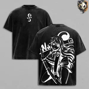 Nami Washed Tee – One Piece Anime Manga Lightning Girl Graphic Double Printed T-Shirt, Menswear Heavy Cotton Unisex Oversize Vintage Streetwear