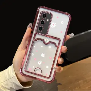 S24 Plus Popular Series Card Holder Slot Phone Case For Compatible With Samsung Galaxy S24 Plus Transparent Plating Cover and Impact Resistant Falling Love Hearts and Flowers Protector