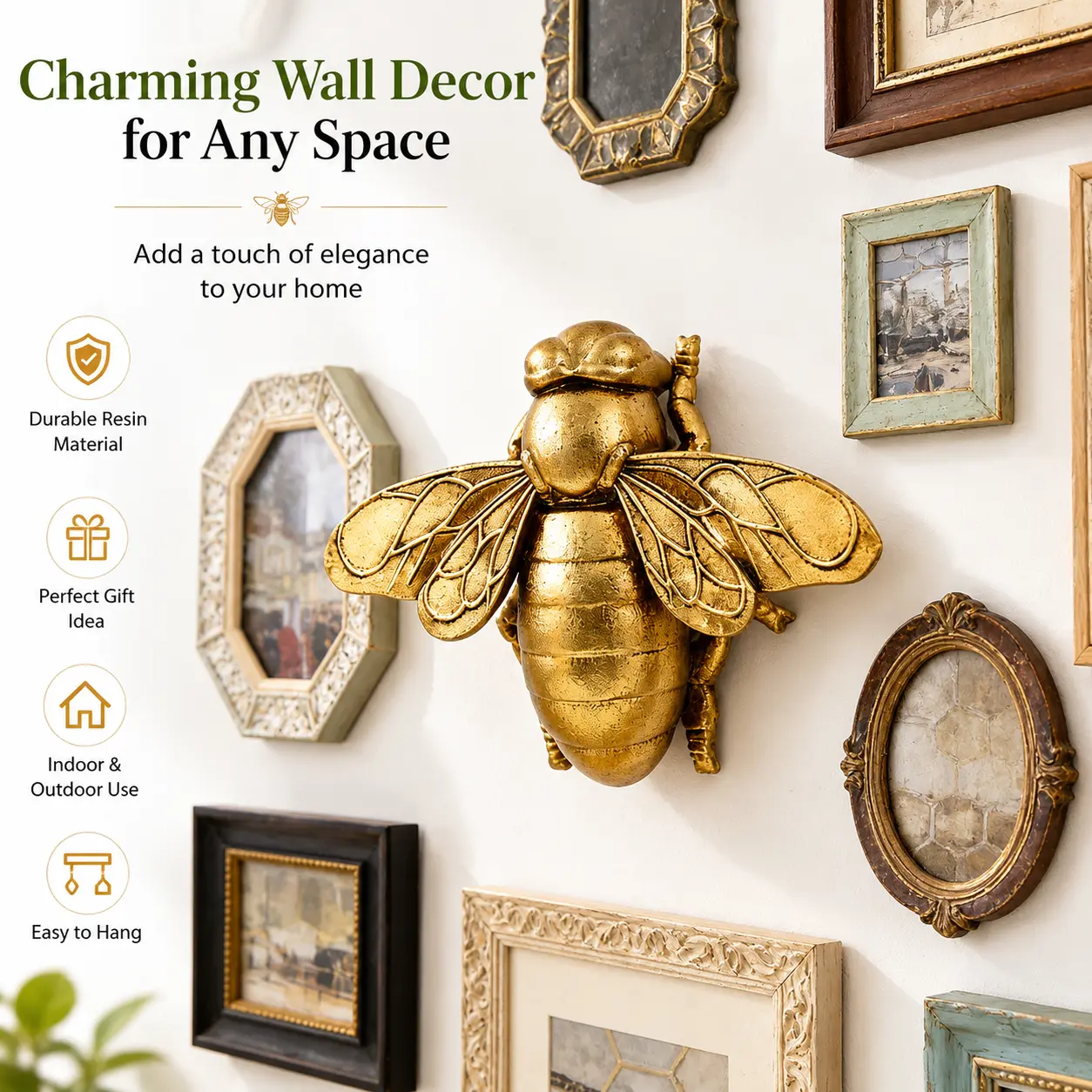 3D Handmade Metallic Gold Resin Bee Wall Decor Hanging Bug Sculpture Whimsical Home Decoration Apothecary Gift for Bee Lovers