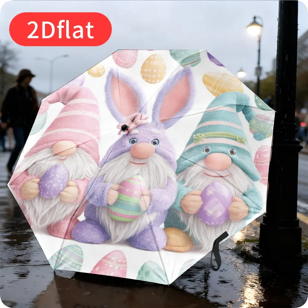 An Easter-themed folding umbrella featuring adorable long-eared bunnies, gnomes, and colorful egg designs; lightweight and portable, perfect for holiday celebrations. Made with a durable canopy, sturdy plastic, and