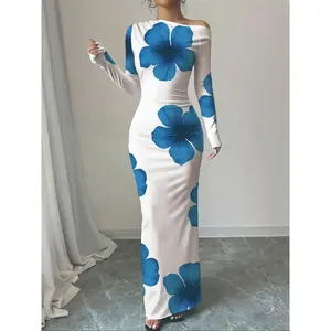 Elegant floral print off-shoulder bodycon maxi dress for spring and summer, sexy slim fit, made from casual and comfortable fabric