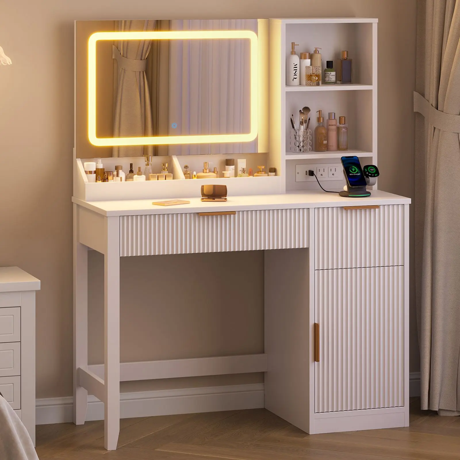 Sikaic Fluted Makeup Vanity Desk with Mirror, LED Lights & Charging Station, Large Dressing Table with Drawers and Shelves, Vanity Table with Hidden Space & Cabinet for Women and Girls, Bedroom or Dorm, Best Gift Ideals