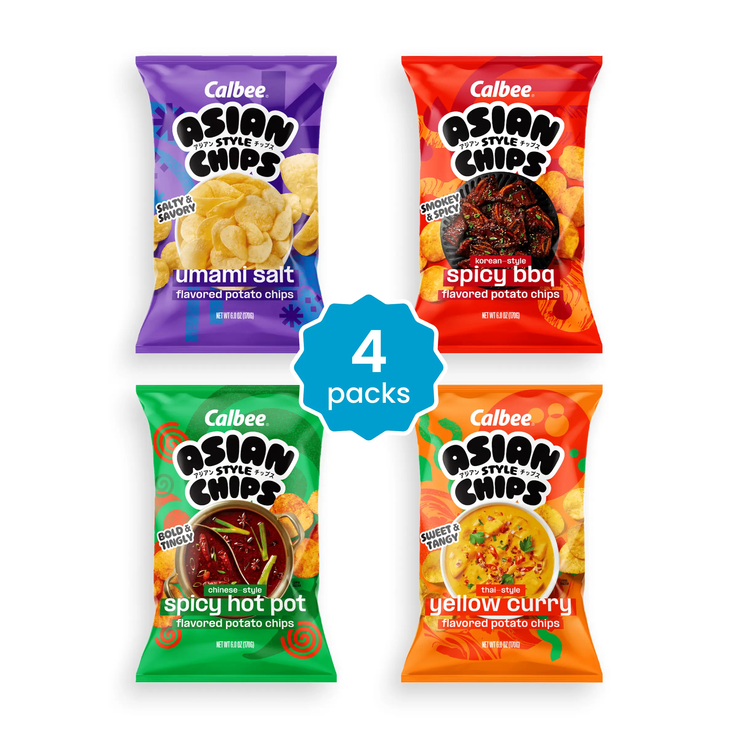Calbee Asian Style Chips Multipack (Umami Salt, Korean-style Spicy BBQ, Chinese-style Spicy Hot Pot, Thai-style Yellow Curry) - 4 Packs, 6 oz x 4 Calbee Asian Style Chips Multipack (Umami Salt, Korean-style Spicy BBQ, Chinese-style Spicy Hot Pot, Thai-style Yellow Curry) - 4 Packs, 6 oz x 4