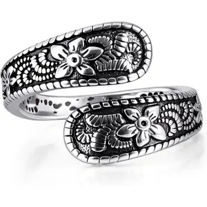 Vintage 14K Gold Plated and Silver Spoon Ring – Adjustable Ring with Carving Design for Women, Unique Open Ring for Gift