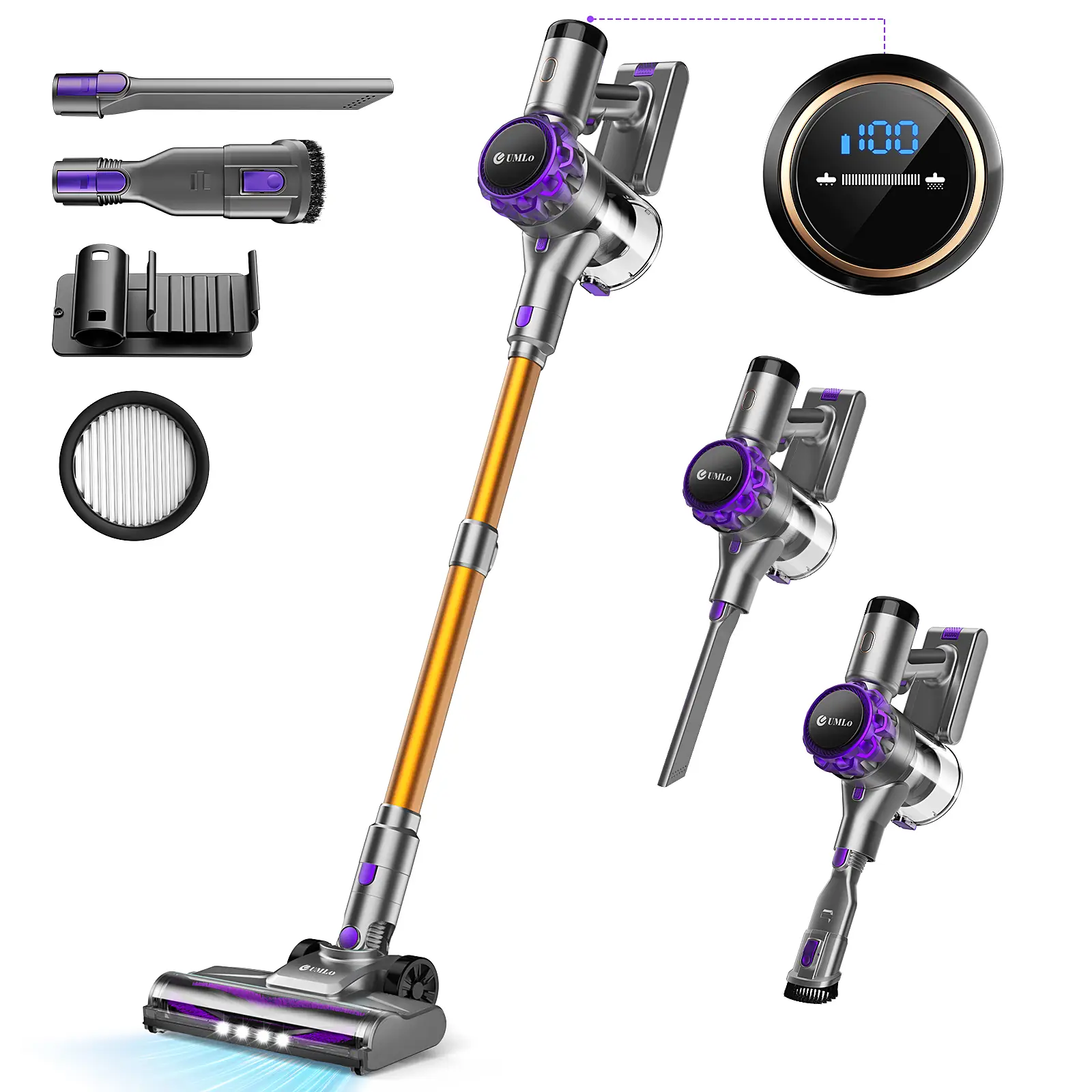 UMLo S3 Cordless Vacuum Cleaner, 300W 30Kpa Powerful Stick Vacuum with LED Display, Rechargeable Cordless Vacuum Max 55Min Runtime, Free-Standing, Vac