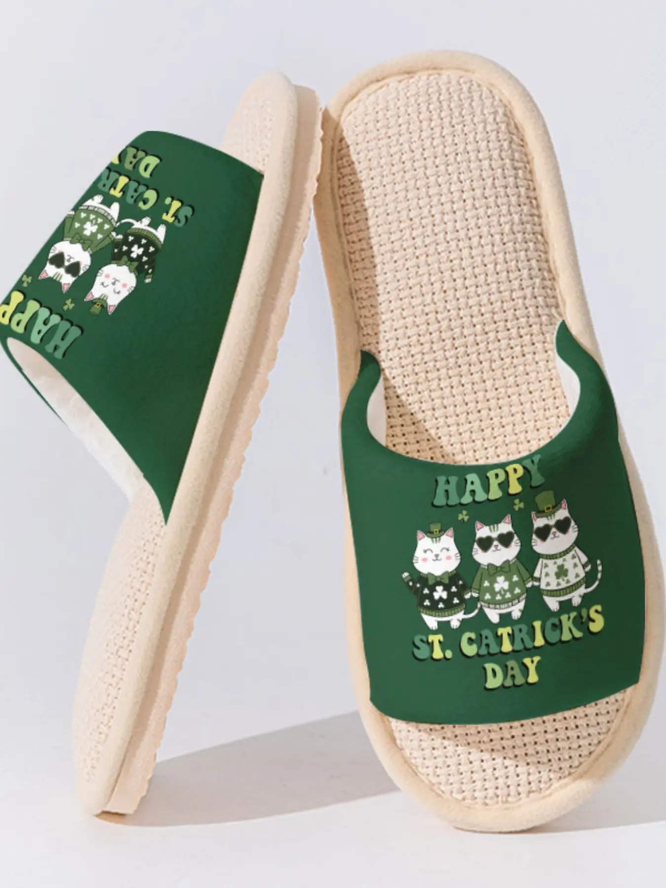 Cute Cat Festival Linen Slippers, Breathable Anti-Slip Sole, Casual Home Wear, All Seasons, Asymmetrical Design, Textile Upper