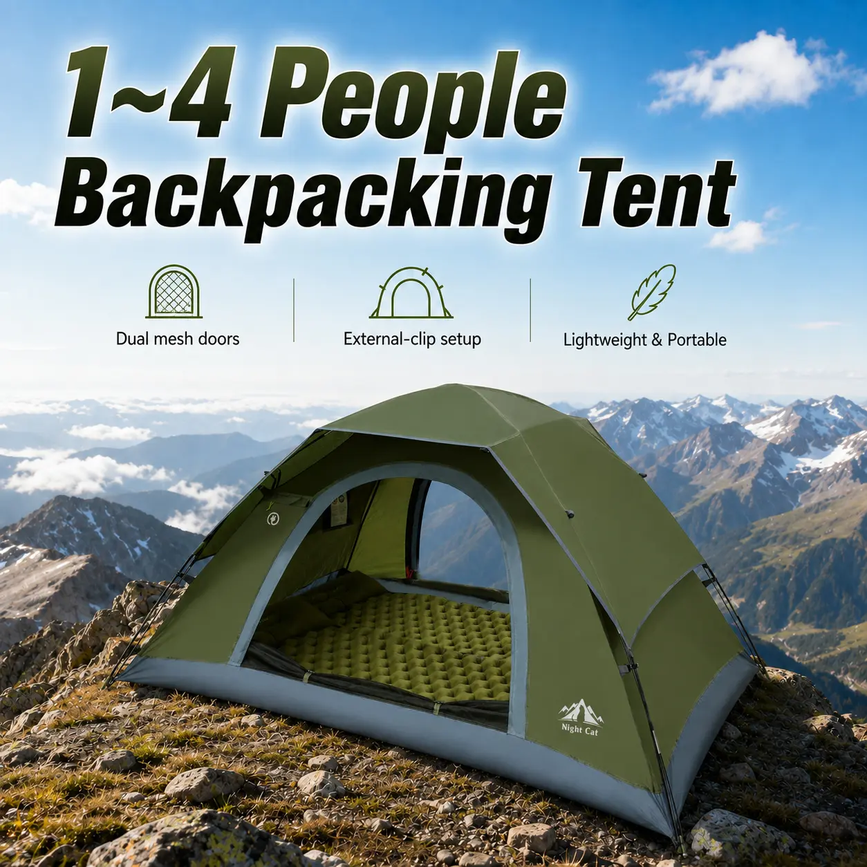 Night Cat Upgraded 1-4 Person Waterproof Windproof Folding Backpacking Tent, 1 Min Easy Clip Setup, 3000mm Heavy Rainproof, 20% More Headroom, Lightweight Compact for Camping, Hiking, Waterproof Tent, Windproof Folding Tent