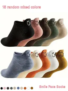 15 Pairs Women's Soft Cute Smile Socks, Summer Fun Gift Alternative, Unisex, Multi-Color Random Mix, Everyday Casual Wear