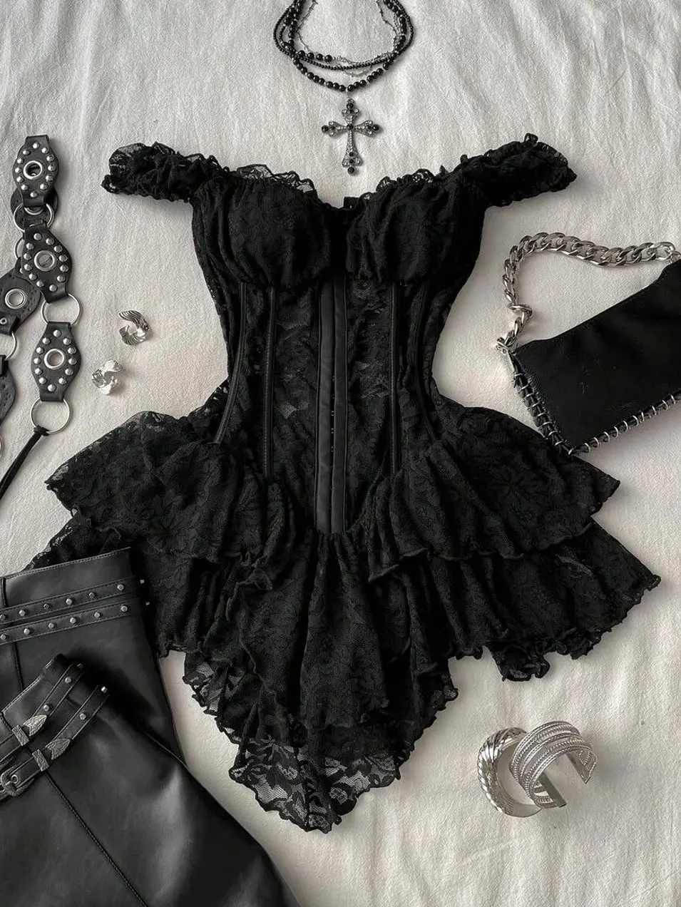 Attitoon Women's Black Summer Goth Corset Lace Bodycon Mini Dress,Vintage Y2K Asymmetrical Hem Elegant Party & Casual,Night Club Music Festival Outfits
