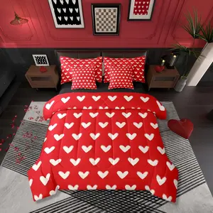 Red White 7 Pcs Comforter Bed Set,Cute Heart Pattern Bed Bag,Kids Boys Girls Valentine Day Quilt Cartoon Love Geometric Sheet Set,Love Heart Soft Warm Bed Set