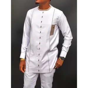 Dashik African Men'S Outfit, Long Sleeves, Embroidered Round Neck, Shoulder Zipper, Pockets, Split Hem, Buttoned Cuffs, Elastic Pants, Men'S Suit, Casual Shirt And Long Pants Set, New Style For All Seasons, Street Style, Parties And Weddings