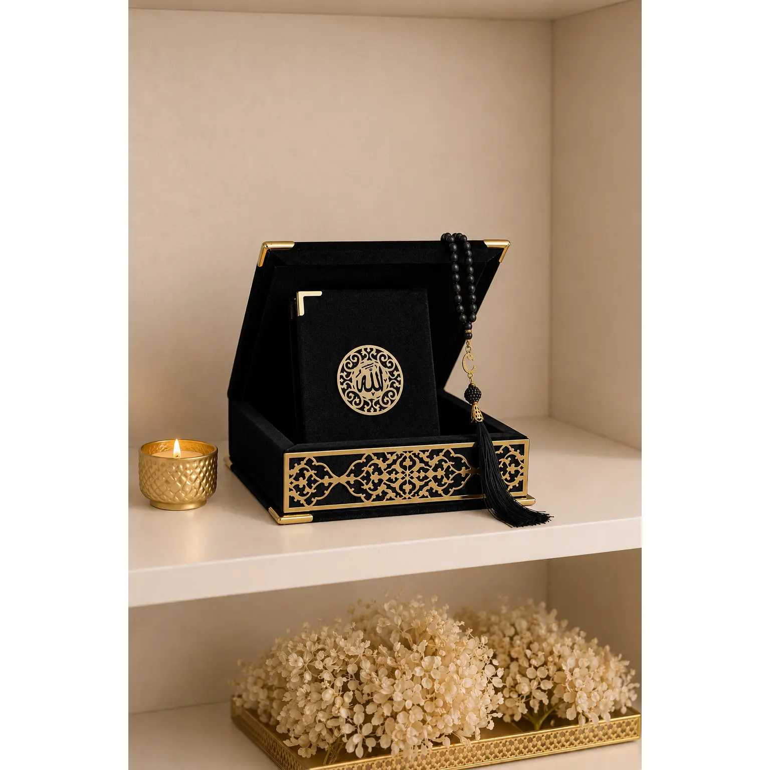 Velvet Islamic Gift Set with Madinah Script Quran and 99-Bead Pearl Tasbih in a Decorative Wooden Box, Approved by Turkish Religious Affairs for Eid, Ramadan, Weddings, No, Decorative Box