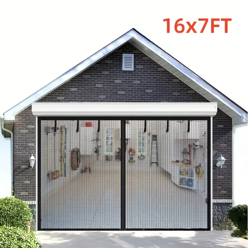 16x7ft Rectangular Heavy-Duty Magnetic Garage Door Screen, Outdoor All-Seasons Fiberglass Mesh, Bug Block Wind-Resistant, Hands-Free Easy-Install for 2-Car Garages, DIY Users Home Supplies