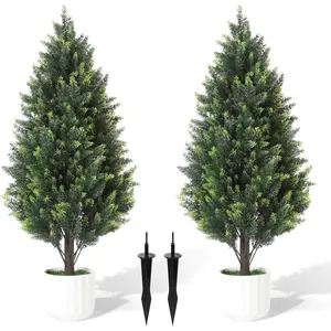 3FT Artificial Cedar Topiary Trees Set of 2 Detachable Planter & Spike,UV Resistant Faux Plants Outdoor and Indoor,Realistic Fake Bushes Pine Tree for Front Porch Decor
