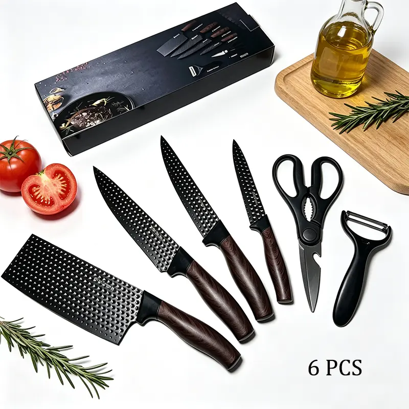 > BIEZUMN 6-piece Kitchen Knife Set, brown handles, high carbon steel black coated blades, chef knife, paring knife, scissors, peeler, meat prep knives