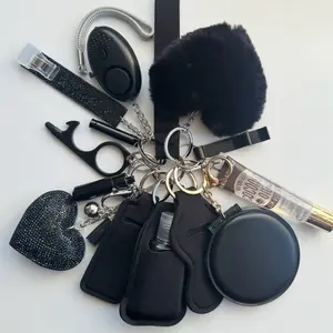 Keychain Accessories Safety Light Wristlet Bling Heart Keychain Lip Gloss Heart Pom Pom-Flip Open Mirror and More-Black
