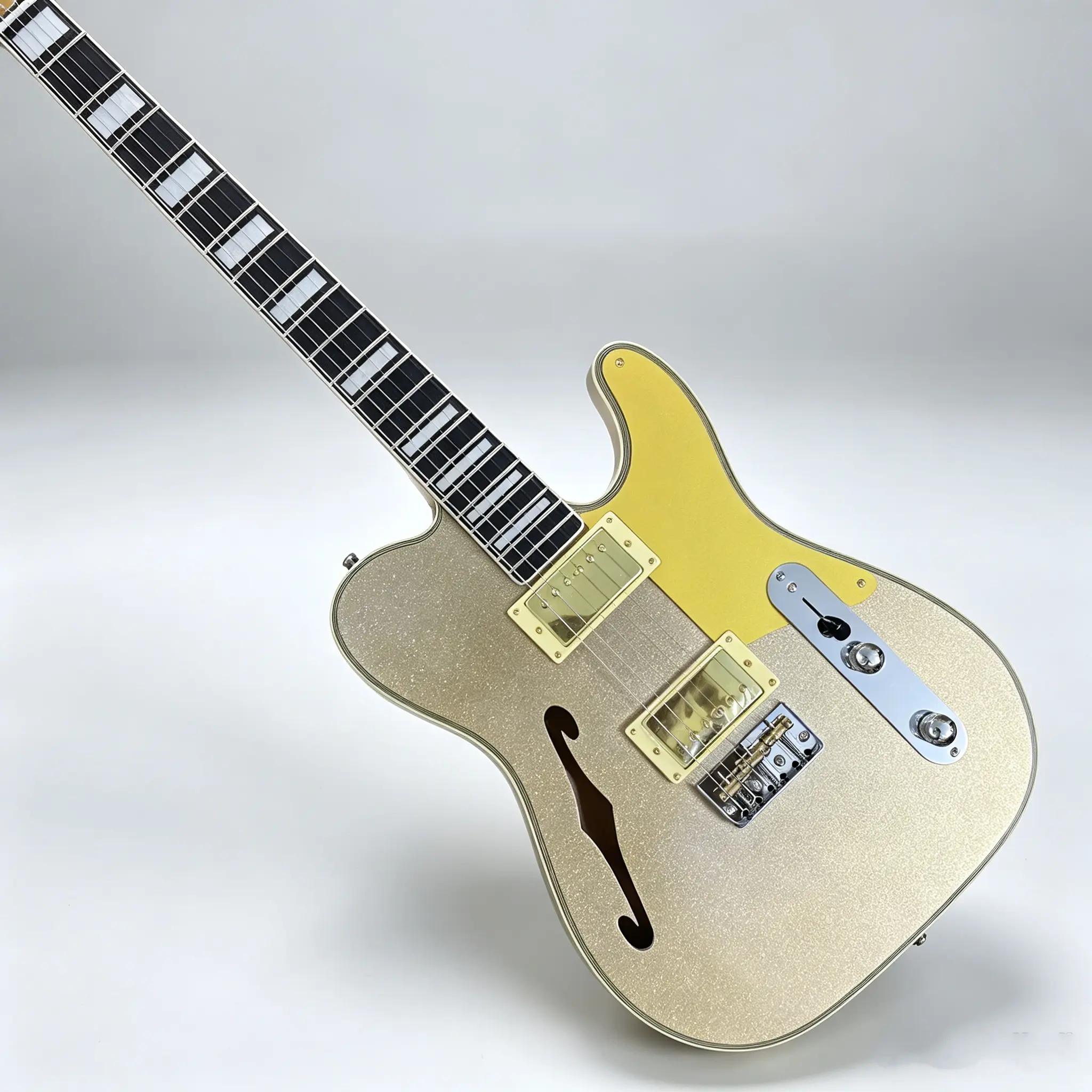 Semi Hollow TL Electric Guitar, Gold Sparkle Finish,Maple body, rosewood fretboard.HHpickups,for Blues & Rock