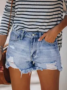 Women's High-Waisted Ripped Denim Jeans Shorts, Elastic Washed Edge Casual Jean Hot Pants, Summer Style, Loose-Fitting, Solid Pattern