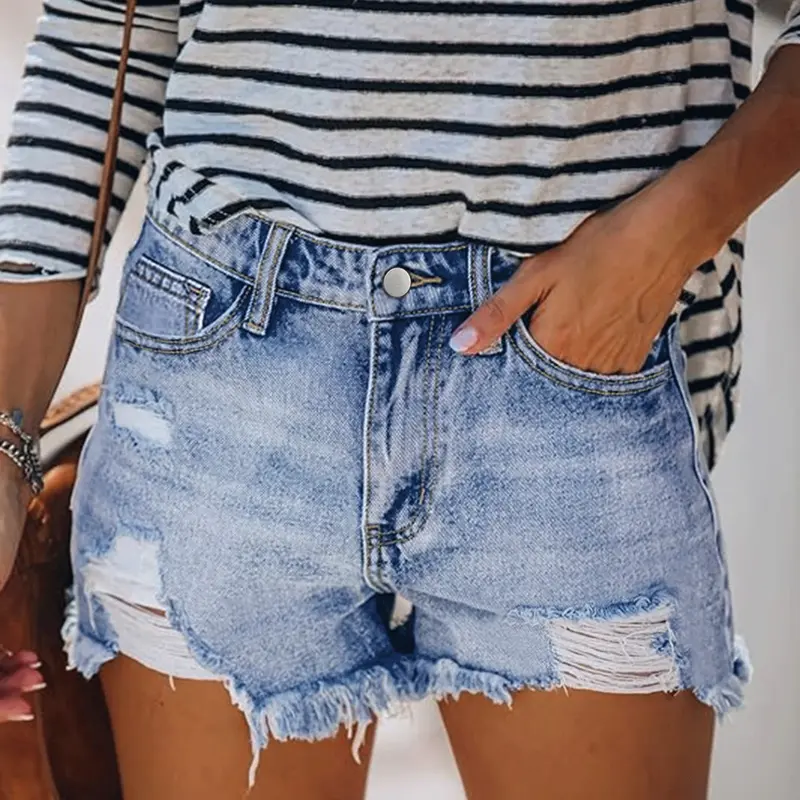 Women's High-Waisted Ripped Denim Fringe Shorts, Elastic Washed Edge Casual Denim Hot Shorts, Aesthetic Summer Style, Loose-Fitting