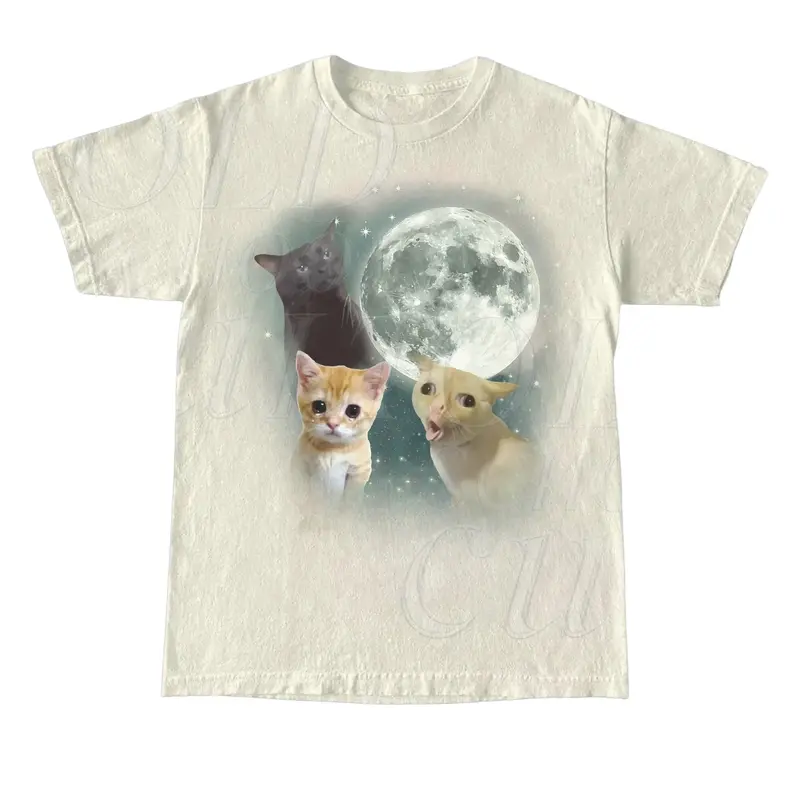 Women's Oversized Washed Cotton Round Neck Printed Tshirt - 3-Cat Retro Moon Cute Digital Print, Vintage Casual Short-Sleeve, Cat Lover Streetwear Top, All Seasons, Cold Wash Compatible