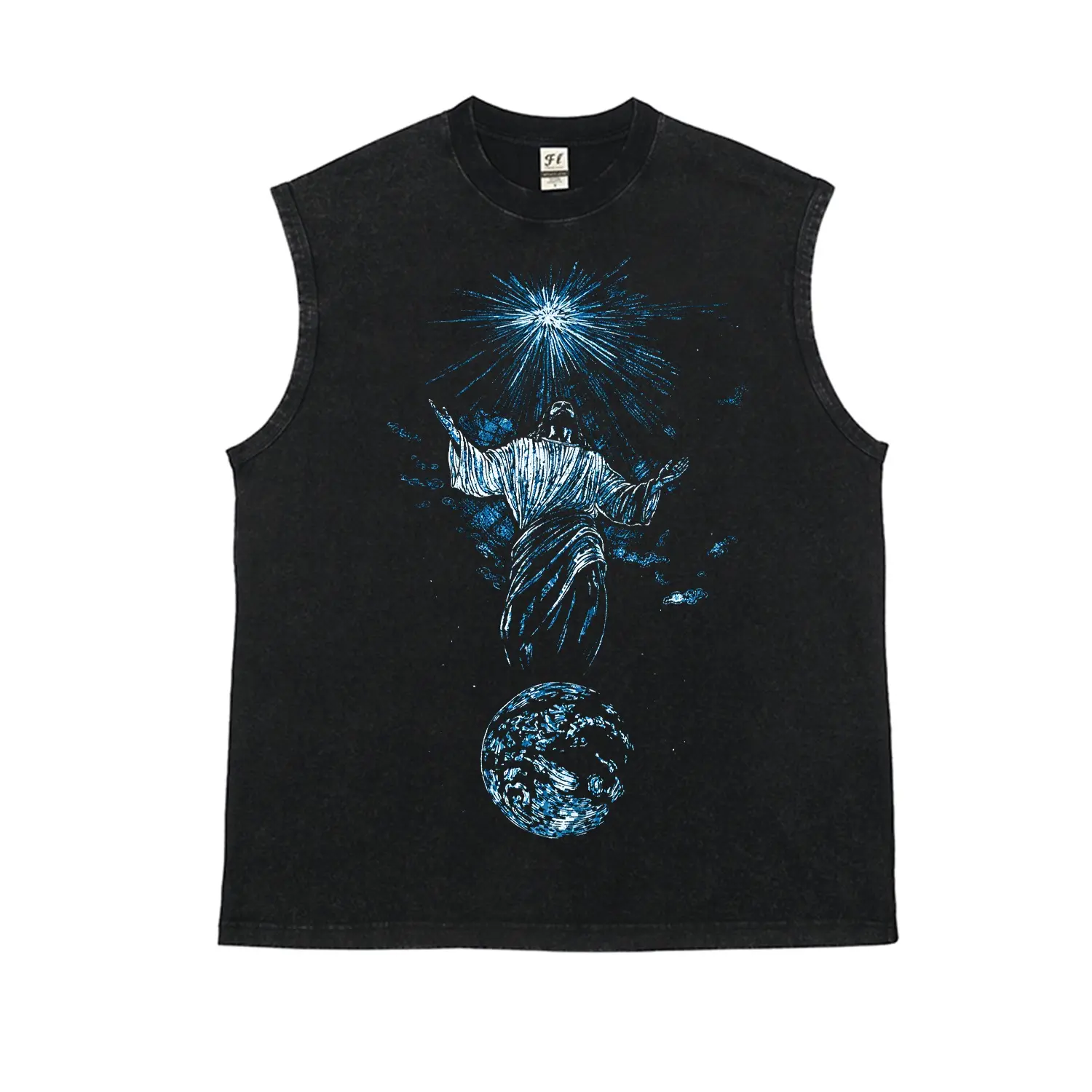 Men's Oversized Religious Streetwear Tank Top - Vintage Washed 100% Cotton Soft Menswear Clothes, Digital Jesus & Earth Print Sleeveless Casual Top