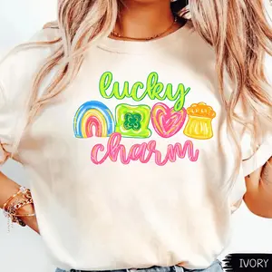 Comfort Colors Retro Lucky Charm Rainbow Clover Shamrock St Patricks Day Shirt, Preppy Lucky Irish Cute Girly St Patrick's Day Graphic Tee