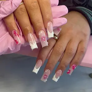 24pcs Long Rectangle French Nail Set, Flower Glitter Pearl Design, Acrylic Press-On Nails, Includes Jelly Glue & File, Perfect for Parties